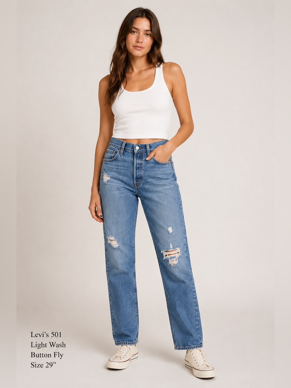 Levi’s 501 Light Wash Button Fly Ripped cotton Blend High Rise Jeans Size 29”